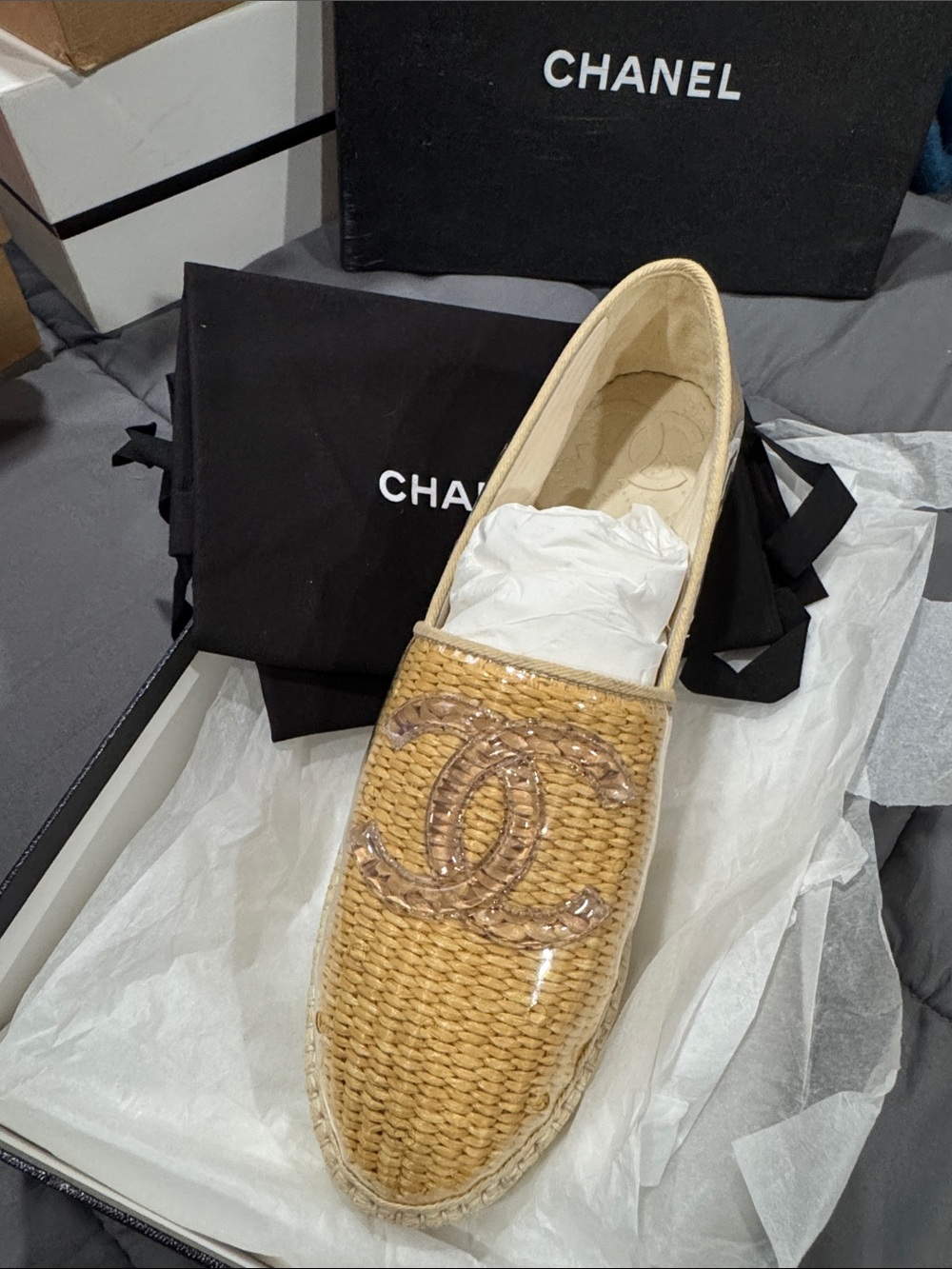 CHANEL Natural Raffia Espadrille Slip-On with CC Logo
